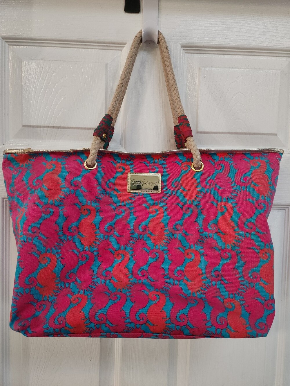 Lilly Pulitzer Bright Seahorse Tote/Beach Bag Pink/Teal